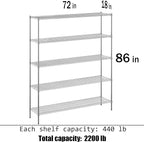 18" Deep x 72" Wide x 86" Height Wire Shelving Kit | 5-Tier | NSF Commercial Storage Rack Unit