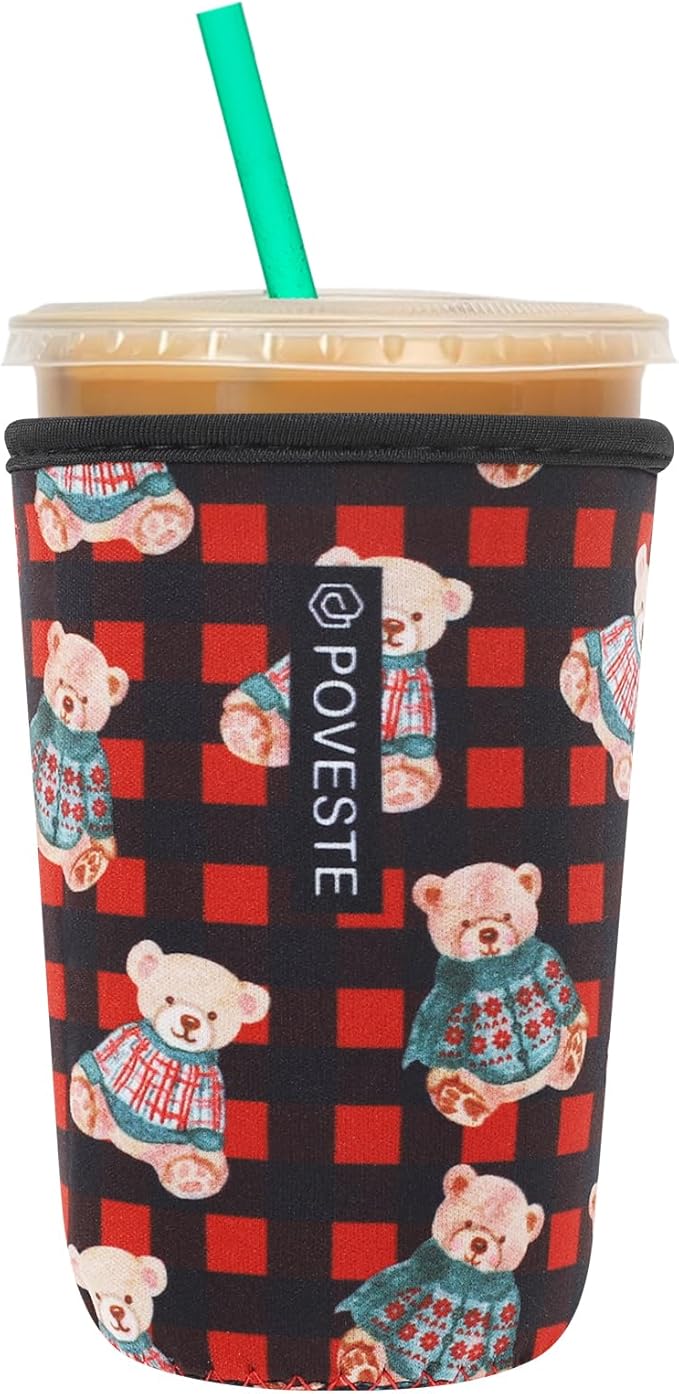Reusable Neoprene Insulator Sleeve for Iced Coffee & Cold Soda, Coffee Sleeves for Iced & Hot Drinks, Cold Beverage Cooler Compatible with Starbucks, Dunkin (Plaid Bear, Medium: 22-24oz)