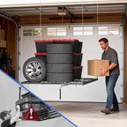 4x4 FT Overhead Garage Ceiling Storage Rack, 350 LBS Heavy-Duty Lift Elevator System with Smooth Hand Crank, Space-Saving Hoist Organization for Bins, Tools & Seasonal Gear