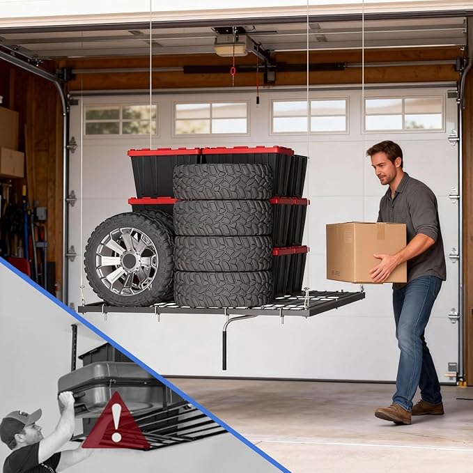 4x4 FT Overhead Garage Ceiling Storage Rack, 350 LBS Heavy-Duty Lift Elevator System with Smooth Hand Crank, Space-Saving Hoist Organization for Bins, Tools & Seasonal Gear