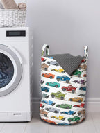 Ambesonne Race Car Laundry Bag, Diagonally Arranged Colorful Various Vehicles Speeding Uphill on a Plain Backdrop, Hamper Basket with Handles Drawstring Closure for Laundromats, 13" x 19", Green Red