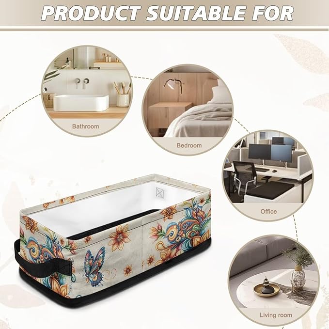 Rectangular Storage Bin Toilet Paper Towels Storage Organizer Bathroom Accessories Multipurpose Storage Caddy for Home Office Bedroom Decor, Boho Butterfly Flower