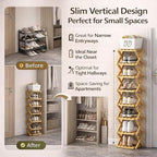 The 9-Tier No-Assembly Bamboo Rack, Folding Bamboo Shoe Rack Organizer with Collapsible Vertical Design, Space-Saving & No-Tool Assembly, for Entryways,Corners,Bedrooms,Balconies (Brown,7)