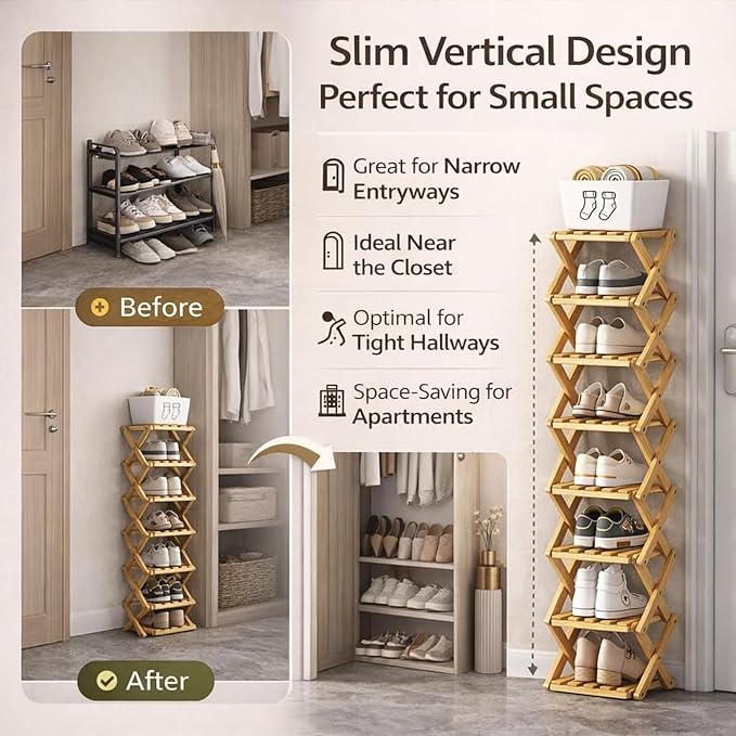 The 9-Tier No-Assembly Bamboo Rack, Folding Bamboo Shoe Rack Organizer with Collapsible Vertical Design, Space-Saving & No-Tool Assembly, for Entryways,Corners,Bedrooms,Balconies (Yellow,7)