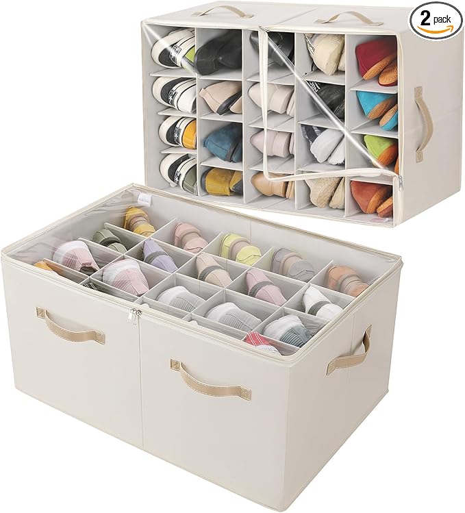 Shoe Organizer for Closet 2 Pack, Foldable Shoe Box with Adjustable Divider and Clear Cover, Space Saving Shoe Storage Organizer Cabinet with Reinforced Handles, Fits 40 Pair, Beige, TP11Y