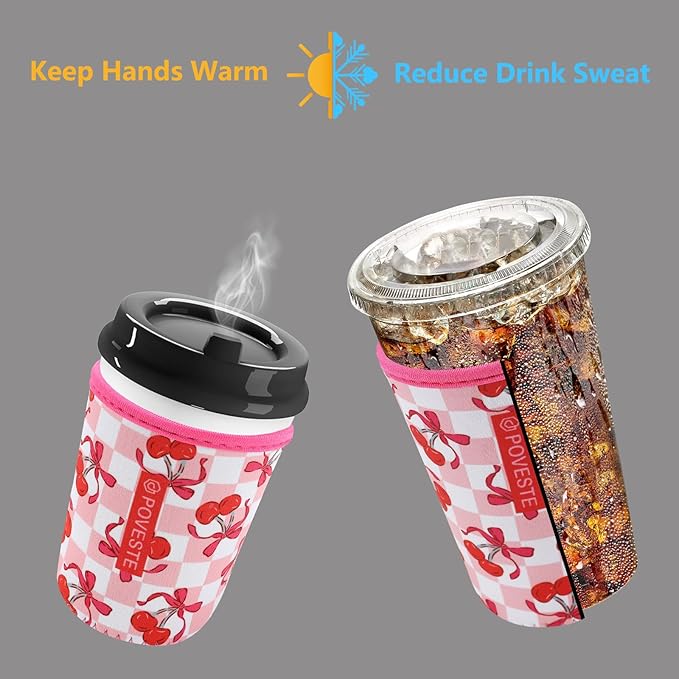 Reusable Neoprene Insulator Sleeve for Iced Coffee & Cold Soda, Coffee Sleeves for Iced & Hot Drinks, Cold Beverage Cooler Compatible with Starbucks, Dunkin (Bow&Cherry, Large: 32oz)