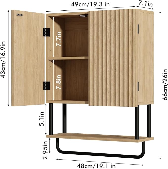 RUSTOWN Fluted Bathroom Wall Cabinet with 2 Doors, 3-Tier Modern Farmhouse Medicine Cabinet, Over The Toilet Storage Cabinet with Adjustable Shelf and Towel Bar (Natural, Medium)