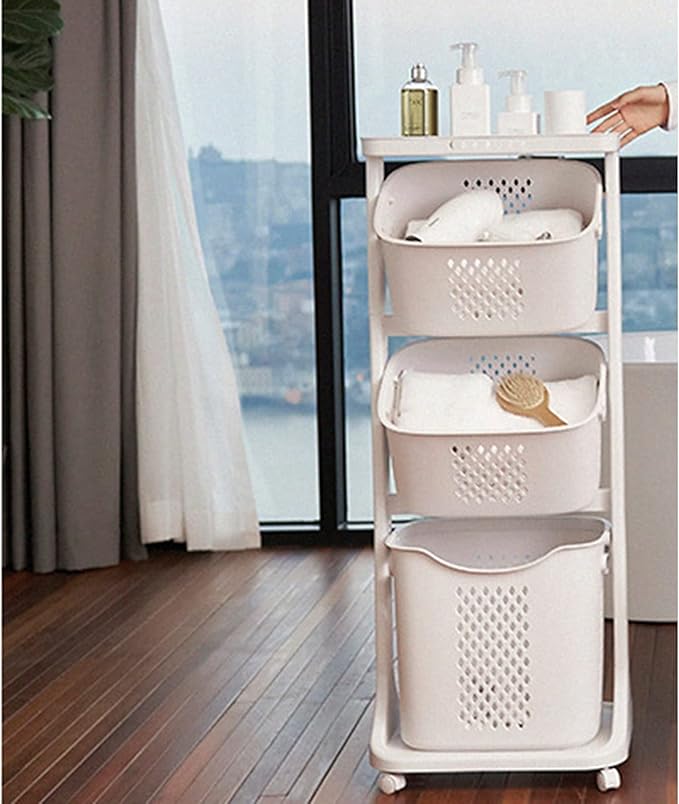 3 Tier Laundry Hamper Basket Plastic Rolling Laundry Cart with Wheels, Multipurpose Laundry Sorter Storage Trolley Shelf Basket, Beige