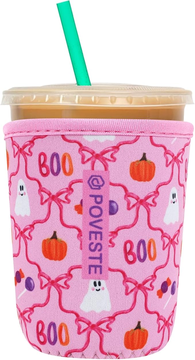 Reusable Neoprene Insulator Sleeve for Iced Coffee & Cold Soda, Coffee Sleeves for Iced & Hot Drinks, Cold Beverage Cooler Compatible with Starbucks, Dunkin (Bow Halloween, Small: 16-18oz)