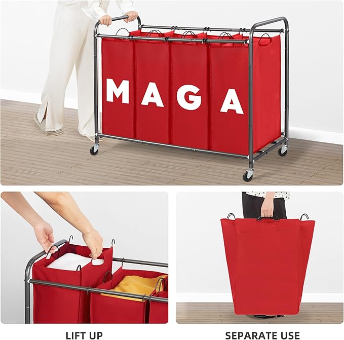 Laundry Sorter Hamper with Wheels, Laundry Basket Sorter 47.8 Gal (181L), Heavy-Duty Rolling Cart with Lockable Wheels and Removable Bags, Laundry Cart 4 Sections, RED
