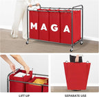 Laundry Sorter Hamper with Wheels, Laundry Basket Sorter 47.8 Gal (181L), Heavy-Duty Rolling Cart with Lockable Wheels and Removable Bags, Laundry Cart 4 Sections, RED