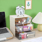 Desktop Storage Drawers, Plastic Desk Organizer with 6 Drawers, Modular Stackable Toolbox Units for Office Stationary, Makeup Container, Bathroom Countertop (3 Tiers, Cream & Clear)