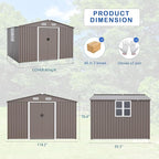 ALAULM 10'x8' Outdoor Storage Shed Outdoor Galvanized Metal Tool Shed with Vents & Sliding Door, Waterproof Garden Shed for Patio,Lawn,Backyard to Store Bikes,Tools-Brown