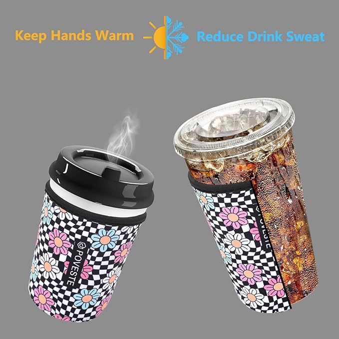 Reusable Neoprene Insulator Sleeve for Iced Coffee & Cold Soda, Coffee Sleeves for Iced & Hot Drinks, Cold Beverage Cooler Compatible with Starbucks, Dunkin (Checkerboard&Daisy, Small: 16-18oz)