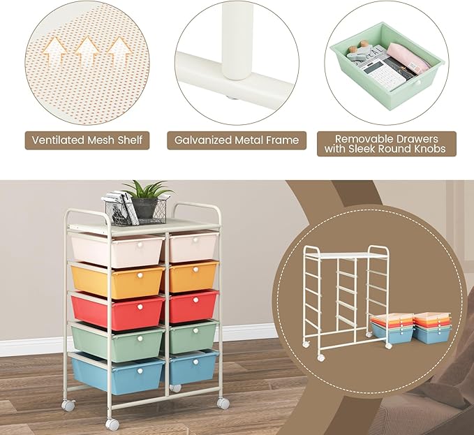 RELAX4LIFE Rolling Storage Cart with 10 Drawers - Craft Storage Cart with Lockable Wheels,Utility Cart, Art Cart Organizer for Crafting Storage, Studio, Office, Home, School Rolling Drawer Cart