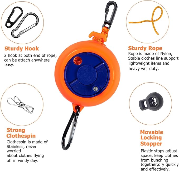 Retractable Camping Clothesline, Adjustable Travel Laundry Rope, Heavy Duty Washing Line with 20 Clothespins & 10 Stoppers for Indoor/Outdoor, Camping, Travel, Courtyard, 33ft (Orange)