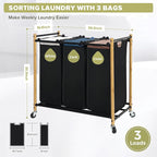 Laundry Sorter Hamper with Wheels, Heavy-Duty Laundry Basket Sorter Rolling Cart with Lockable Wheels and Removable Bags, Laundry Cart 3 Sections, Bamboo