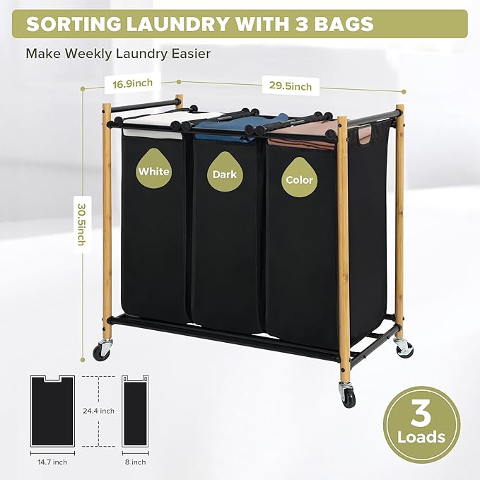 Laundry Sorter Hamper with Wheels, Heavy-Duty Laundry Basket Sorter Rolling Cart with Lockable Wheels and Removable Bags, Laundry Cart 3 Sections, Bamboo
