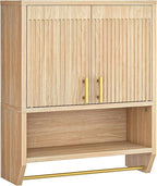 HOOBRO Fluted Medicine Cabinet, Farmhouse Bathroom Wall Cabinet with Towel Rack and Adjustable Shelf, Fluted Wall-Mounted Storage Organizer, for Bathroom, Kitchen, Natural