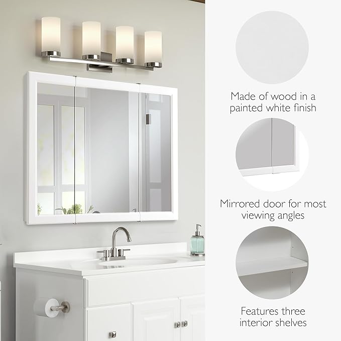 Design House 545103-WHT Wyndham Medicine Cabinet – Durable White Assembled Frame – Bathroom Wall Cabinet with Mirrored Door, 36-Inch – 4.75" X 36" X 30", White, 1 Count, Tri-View