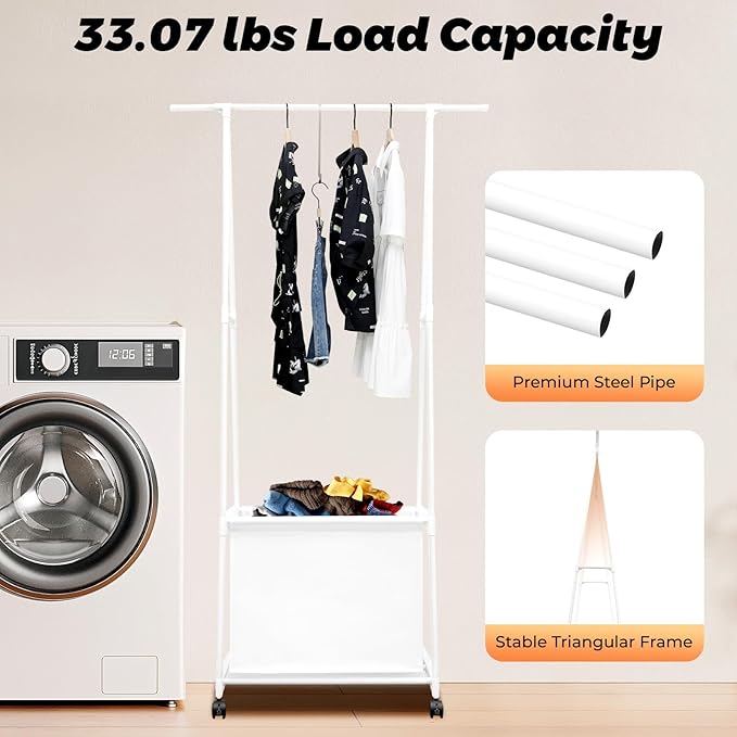 Laundry Cart with Hanging Rack, Metal Rolling Laundry Cart Laundry Hamper with Fabric Storage Basket Clothes Rack with Lockable Wheels for Hanging Clothes & Storing Toys Hats (White)