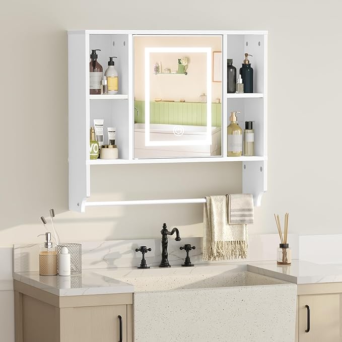 Bathroom Wall Cabinet with Mirror, Wall Mounted Medicine Cabinet with Color Adjustment LED Lights, Mirrored Over The Toilet Storage Cabinet with Adjustable Shelves, 23.6''W x 21.6''H, White