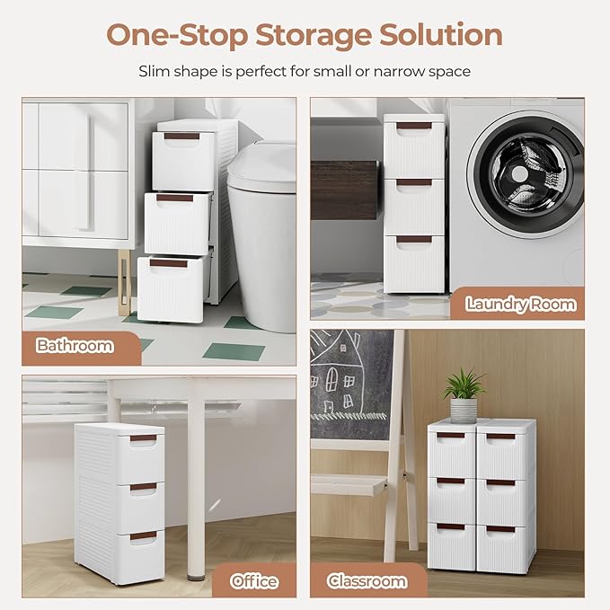 Giantex 3 Drawers Storage Cart, Narrow Plastic Dresser, Rolling Organizer Cart for Office Classroom Bedroom Bathroom Art Craft Supplies, Mobile Slim Utility Cart on Wheels (7.5"x16.5"x22.5")