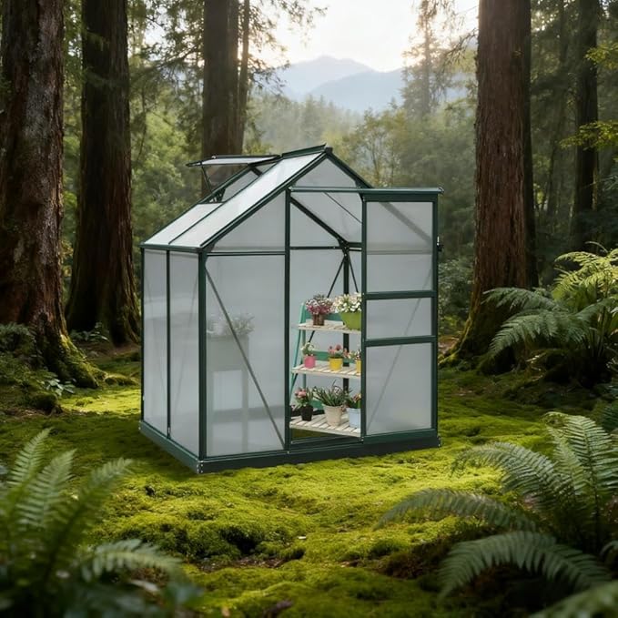 Aluminum Greenhouse with Polycarbonate Panels, Walk-in Garden Greenhouse for Outdoor Plant Growing, Durable Structure for Year-Round Gardening (Multi + Particle Board+MDF)