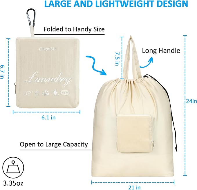 GOGOODA Travel Laundry Bags with Drawstring Closure XL Large Foldable Dirty Clothes bags with Handle Heavy Duty and Washable for College Dorm Travelling Camping, 2 Pack, Black & Beige