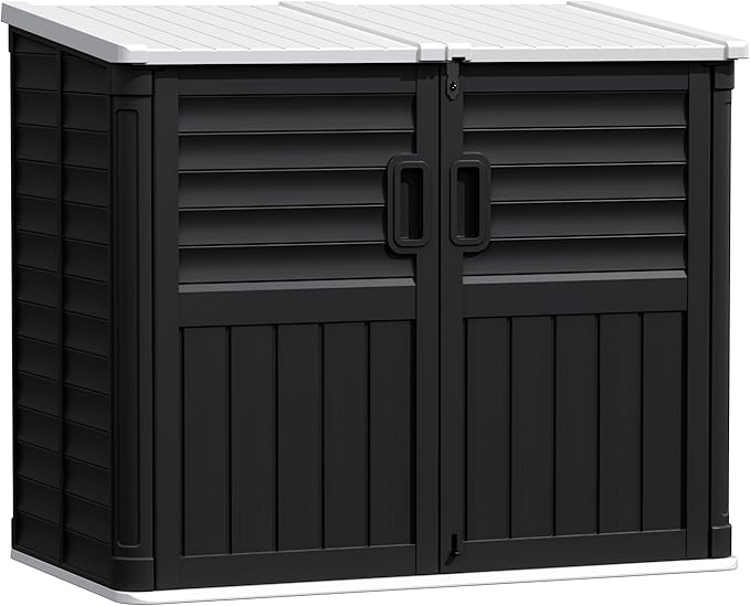 Greesum Outdoor Storage Shed 34 Cu Ft with Lockable Doors, Waterproof Outdoor Storage Cabinet for Trash Cans, Patio Cushions, Gardening Tools with Wood Grain Finish (Black)