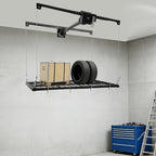 Overhead Garage Storage Rack, 4x4Ft Ceiling Storage Lift 79in Adjustable Height Garage Storage Organization Systerm, Heavy Duty Metal Garages Ceiling Storage Racks, 300lbs Load Capacity (Satin Black)