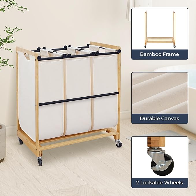 STO STO 3-Section Laundry Sorter with Bamboo Frame, Rolling Laundry Hamper Basket with Removable Bags and Lockable Wheels, Laundry Cart for Clothes Storage in Bedroom & Laundry Room, Beige