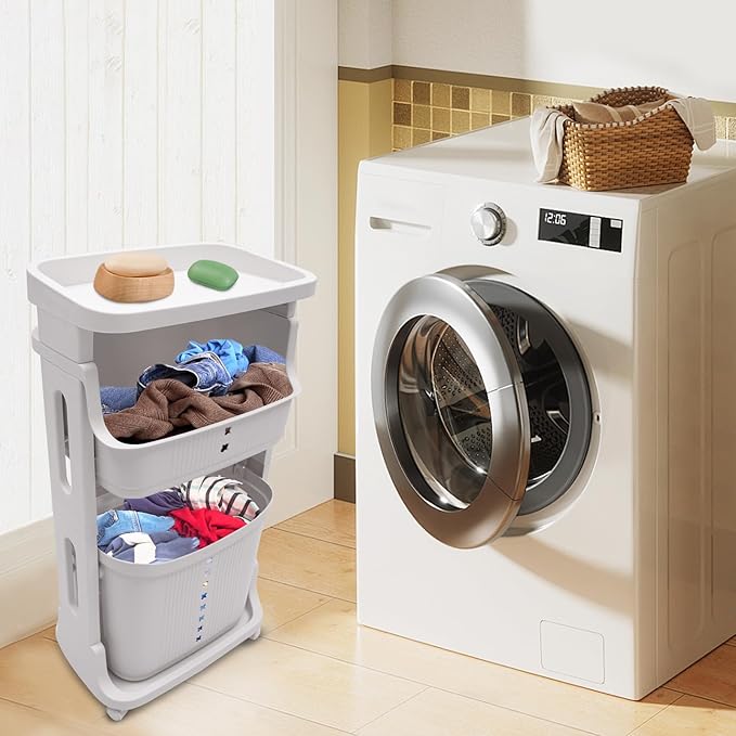 Laundry Basket Hampers,3-Layer Stackable Laundry Basket System Rolling Storage Cart, Vertical Laundry Sorter with Wheel for Kitchen Shelf,Fruit Stand,Clothes Basket (WHite)