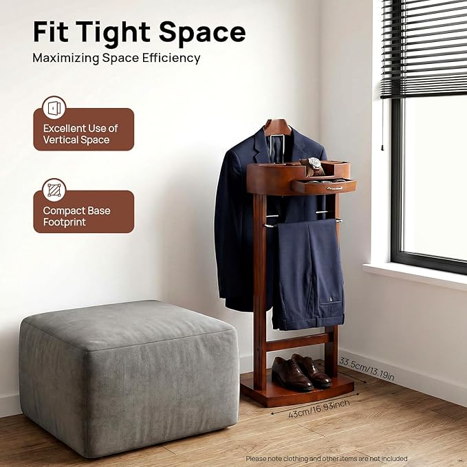Mens Suit Valet Stand, Wood Suit Rack Clothing Valet Stand, 16.93'' x 13.19'' x 42.13'' Clothes Valet with Top Tray, for Entryway Bedroom Living Room Office, Brown