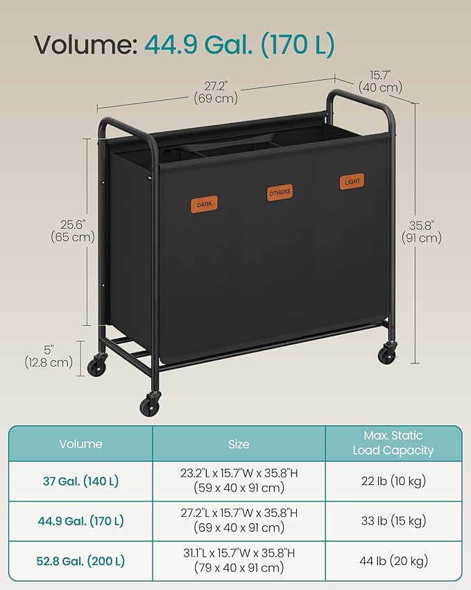SONGMICS 3-Section Laundry Sorter, Laundry Hamper with Wheels, Rolling Clothes Hamper Cart with Large Capacity and Removable Bags, for Laundry Room, Bedroom, Bathroom, Ink Black URLS330B01