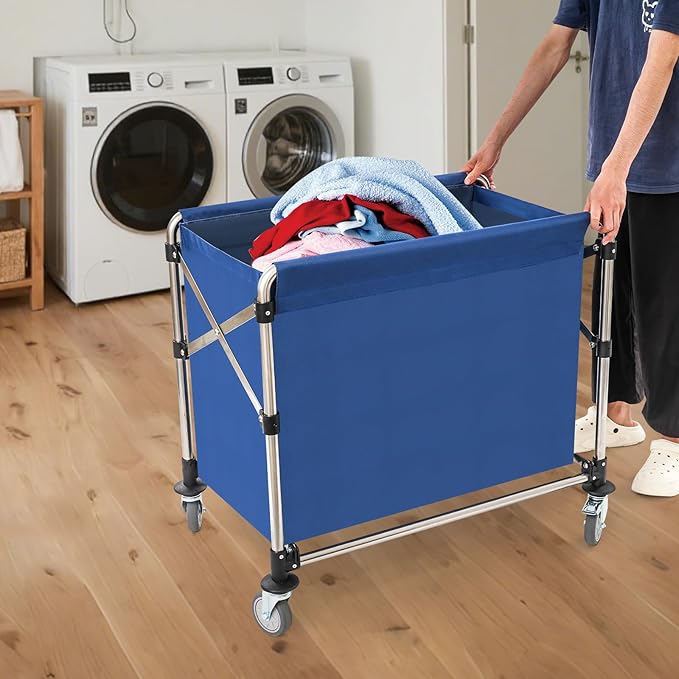 Commercial Laundry Cart with Wheels | Large Laundry Basket with Wheels | Foldable Laundry Hamper | Laundry Sorter for Clothes Storage | Ox Cloth | 440 lbs Load | 34.25x20.47x30.7in (Blue)