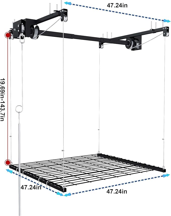 4x4 Garage Ceiling Storage Racks With Crank Lift, Garage Overhead Storage Racks For High Ceilings 10–12 Ft, 250 Lbs Load Capacity, All-Steel Frame, Garage Organization System (4 x 4)