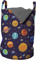 Ambesonne Space Laundry Bag, Cheerful Planets as Sun Mercury Venus Earth Jupiter Mars with Alien Spaceships, Hamper Basket with Handles Drawstring Closure for Laundromats, 13" x 19", Purple Mustard