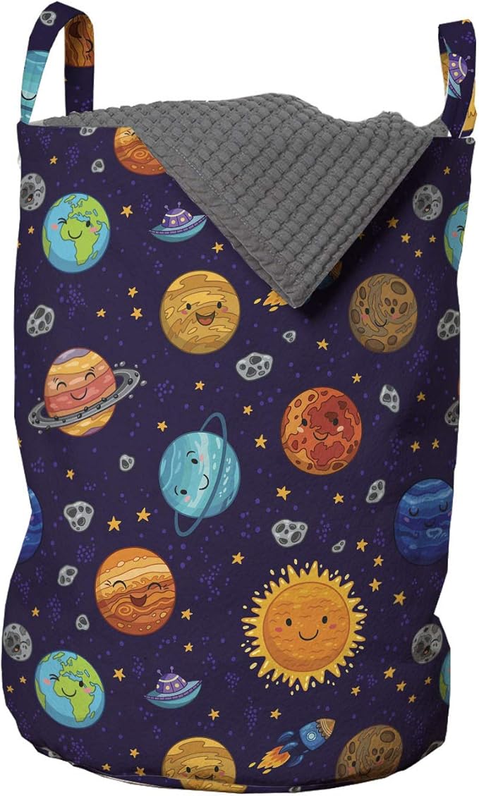 Ambesonne Space Laundry Bag, Cheerful Planets as Sun Mercury Venus Earth Jupiter Mars with Alien Spaceships, Hamper Basket with Handles Drawstring Closure for Laundromats, 13" x 19", Purple Mustard