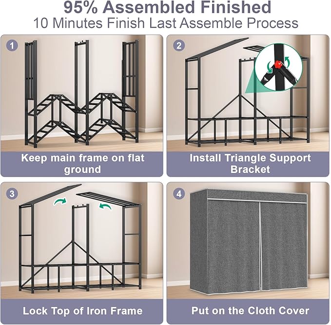 95% Assembled 96" L Heavy Duty Wardrobe Closet, Premium Extra Large Strong Heavy Duty Clothes Rack with Cover,Portable Foldable Freestanding Garment Rack for Hanging Clothes, Black