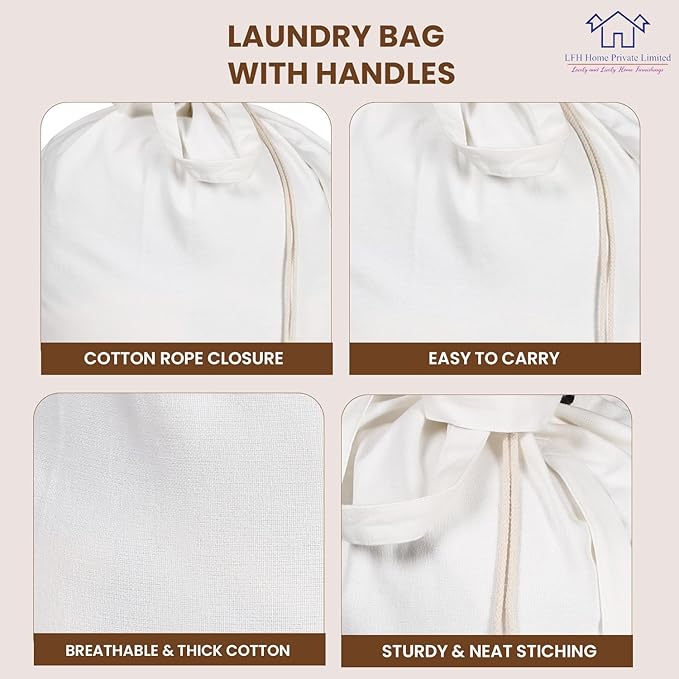 LFH Home Cotton Canvas Extra Large Laundry Bag with Handle, Stylish Drawstring Heavy Duty Laundry Bags For Travel, Home, Hotel, College Dorm and Camp Storage Bag 24x36 Inch, White