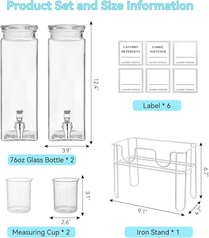 2 Pack Glass Laundry Detergent Dispenser with Stand, Laundry Soap & Fabric Softener Dispenser for Laundry Room Organization and Storage, 76oz Laundry Liquid Containers with Labels, Measuring Cups