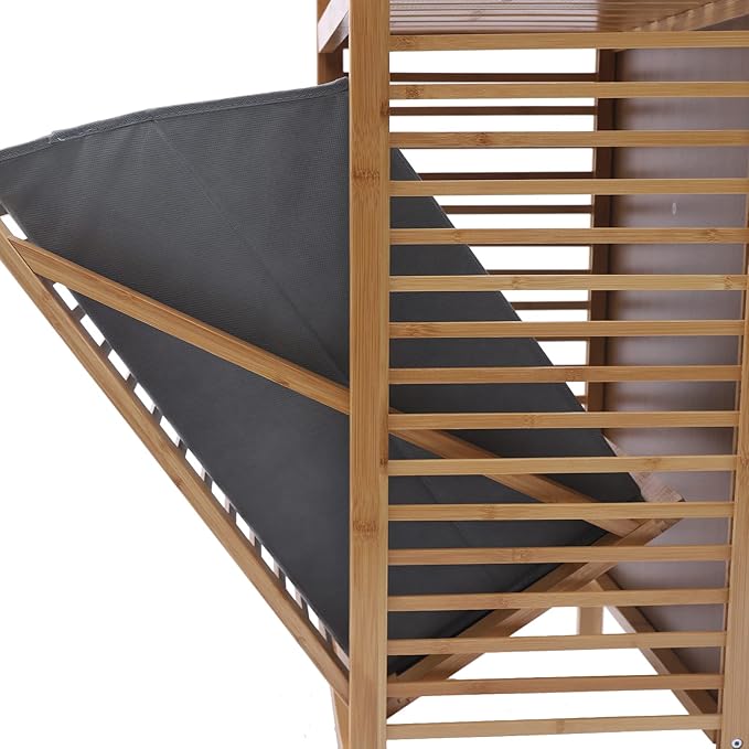 Bamboo Laundry Hamper with 2-Tier Shelves & Tilt Out Basket, Removable Clothes Basket Tower Organizer, Utility Laundry Sorter Cart Rolling with Clothes Hanging Rod for Bathroom