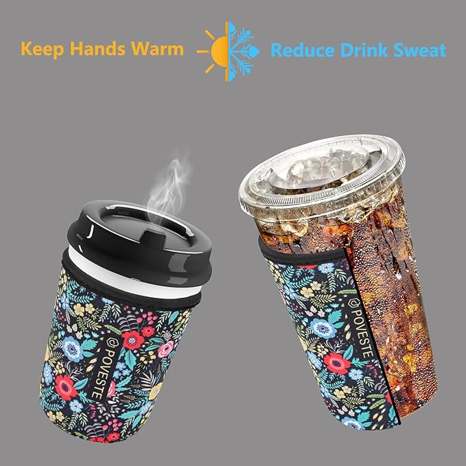 Reusable Neoprene Insulator Sleeve for Iced Coffee & Cold Soda, Coffee Sleeves for Iced & Hot Drinks, Cold Beverage Cooler Compatible with Starbucks, Dunkin (Garden Alike, Large: 32oz)