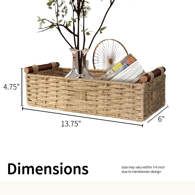 Back of Toilet Basket with Wood Handles, Khaki Wicker Toilet Paper Basket for Toilet Tank Top, Narrow Toilet Tank Basket, Bathroom Basket Organizer for Wipes & Essentials