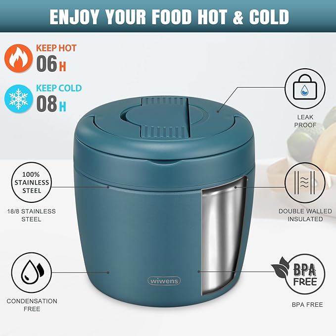 Thermo Food Jar for Hot Food Adults 32OZ Soup Thermo Lunch Containers Wide Mouth Vacuum Insulated Stainless Steel Leakproof Bento Box with Spoon (lake blue)
