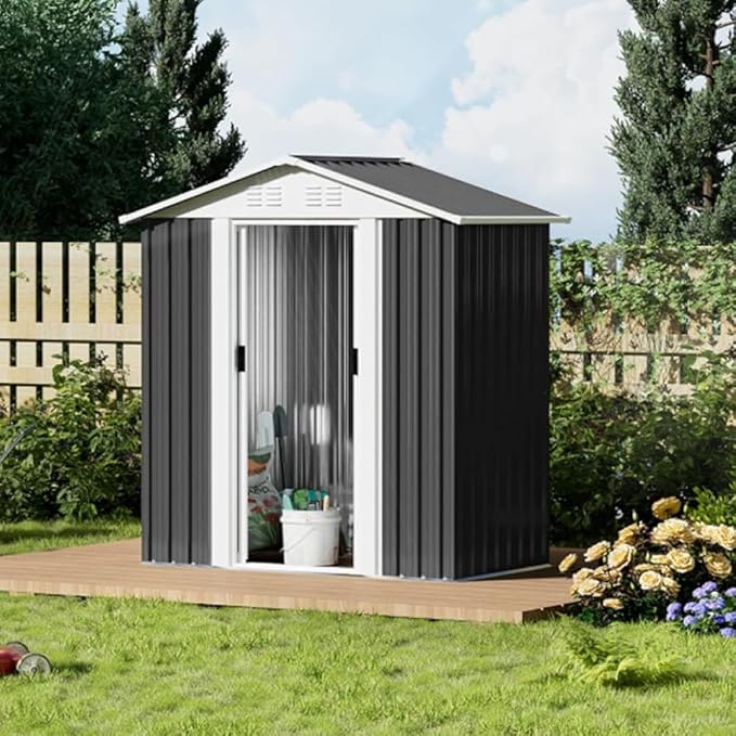 Heavy-Duty Outdoor Garden Shed with Aluminum Alloy Frame, Hinged Door, and Stable Foundation for Secure Storage (5x3 Feet Grey with Metal Base)