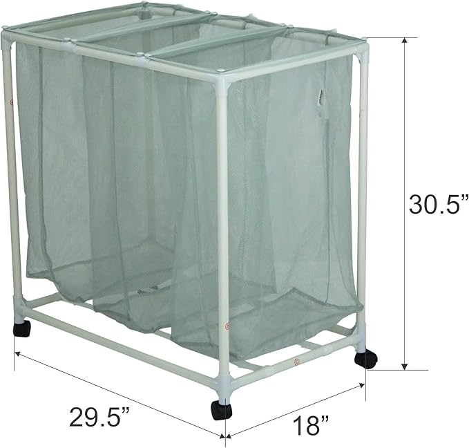 3-Bag Mesh Rolling Laundry Sorter Cart (Soft Silver), Easy Roll Casters, Space-Saving & Durable, Perfect for Bedroom & Laundry Room Easy-Sort Use
