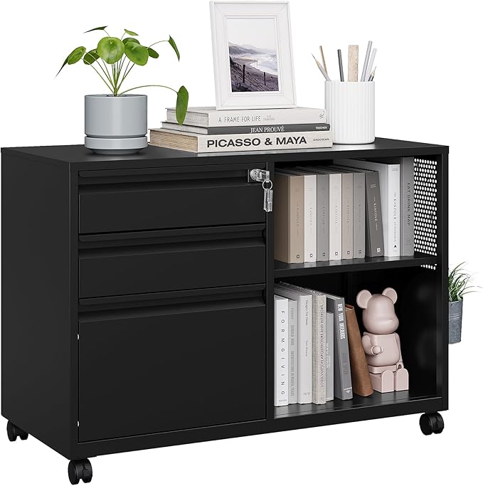 MIIIKO File Cabinet 3 Drawer, Mobile Filing Cabinets with Shelf, Home Office Rolling File Storage Cabinet with Lock, Metal Printer Stand with Casters Office Storage A4, Letter Legal File Folders