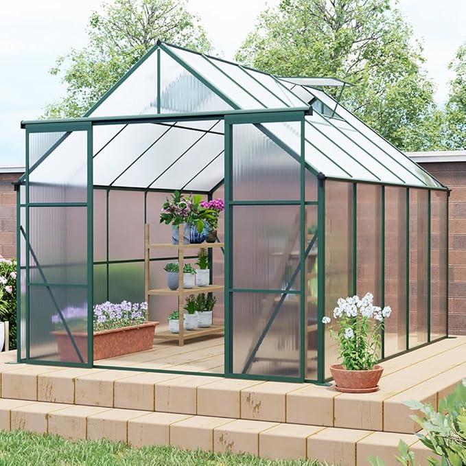 Double Sliding Door Polycarbonate Greenhouse with Rain Gutter and Roof Vent, Raised Base and Anchor Aluminum Heavy Duty Walk-in Green House, Outdoor Patio Sunroom (Green, 121.25*94.5*89.5in)